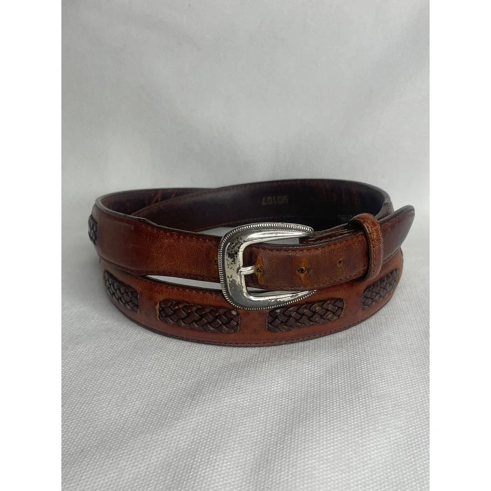 Vintage Brighton Woven Leather Belt Size 42 Western Brown Silver Tooled Buckle